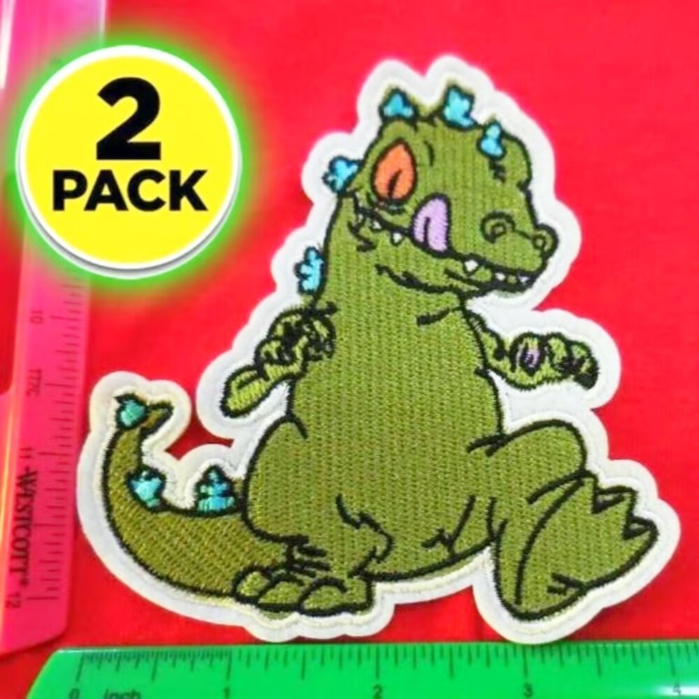 VTG 2 PACK DINOSAUR PATCHES IRON ON BADGES RETRO CARTOON DIY CANVAS APPLIQUES 4"